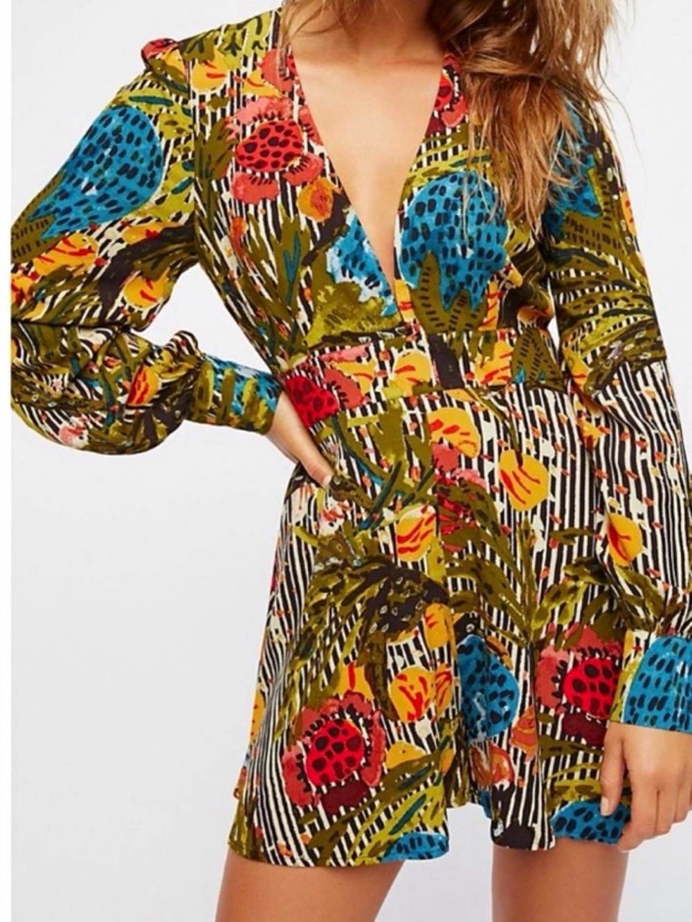 Free People Vibrant Multicolor Floral V-Neck Mini Dress